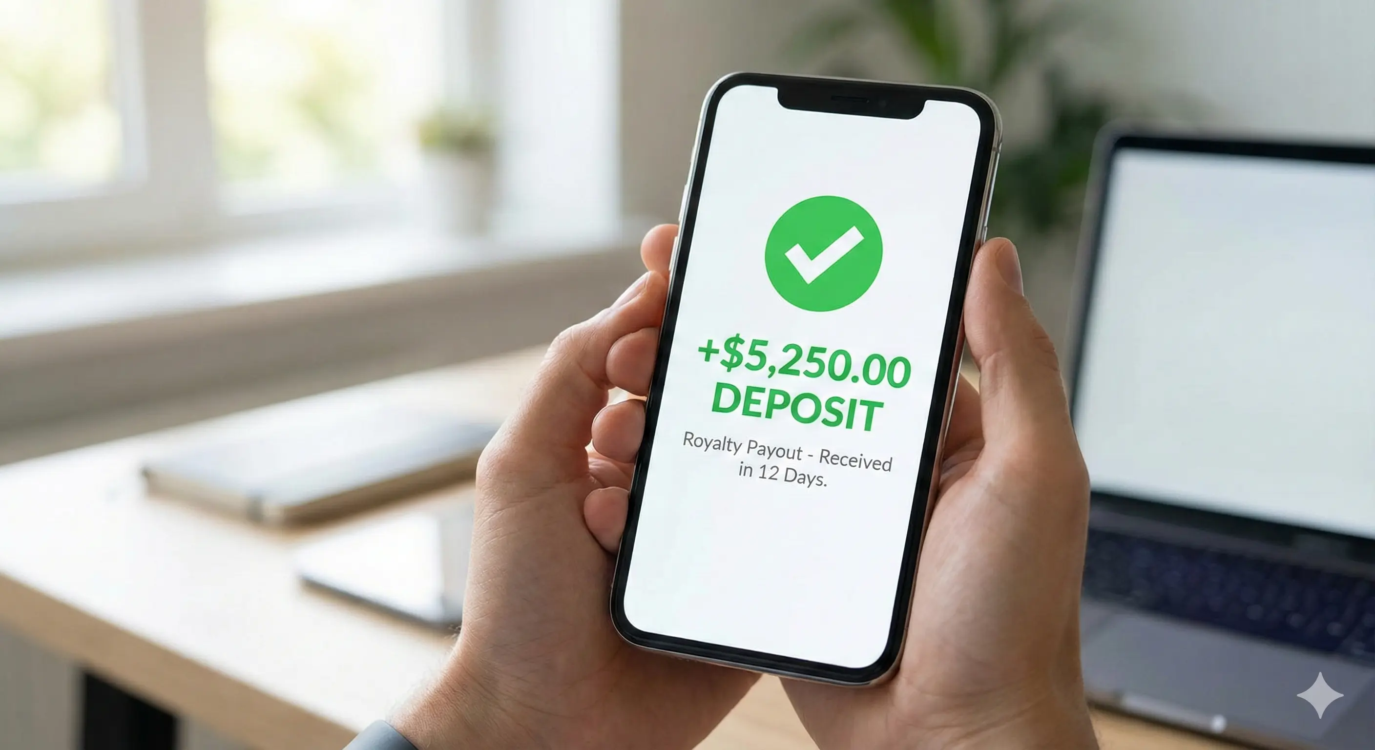 Royalty payout notification showing $5,250 deposit